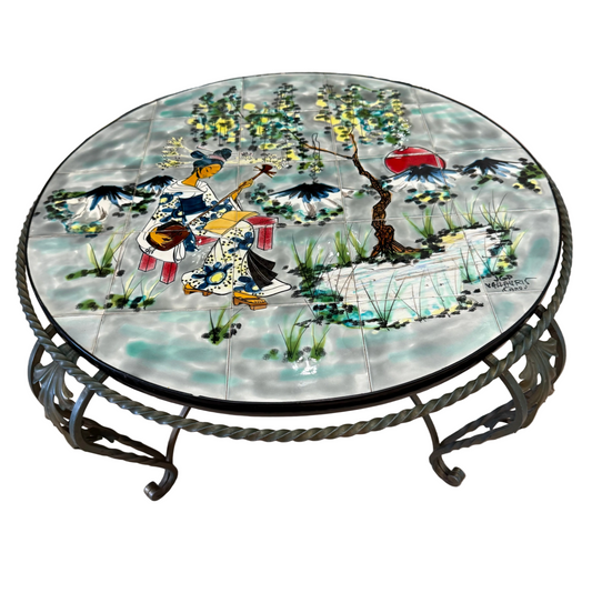 Table basse vintage JGP Vallauris Ivanov – Plateau en céramique émaillée décor japonisant