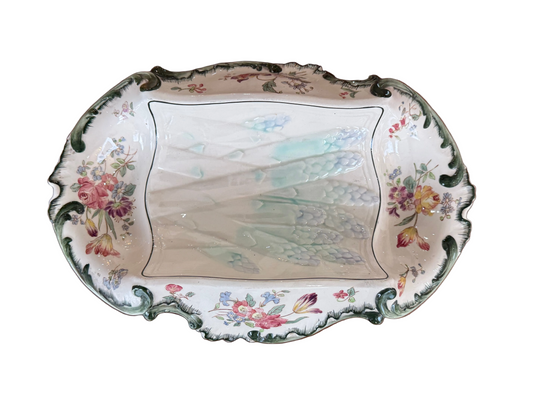 Plat ancien Longchamps Terre de Fer – Modèle 1428 – Décor floral & asperges en relief – 39 x 23 cm