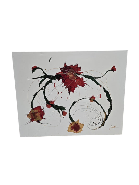 Tableau abstrait contemporain – Composition florale abstraite rouge, verte et or 92x73