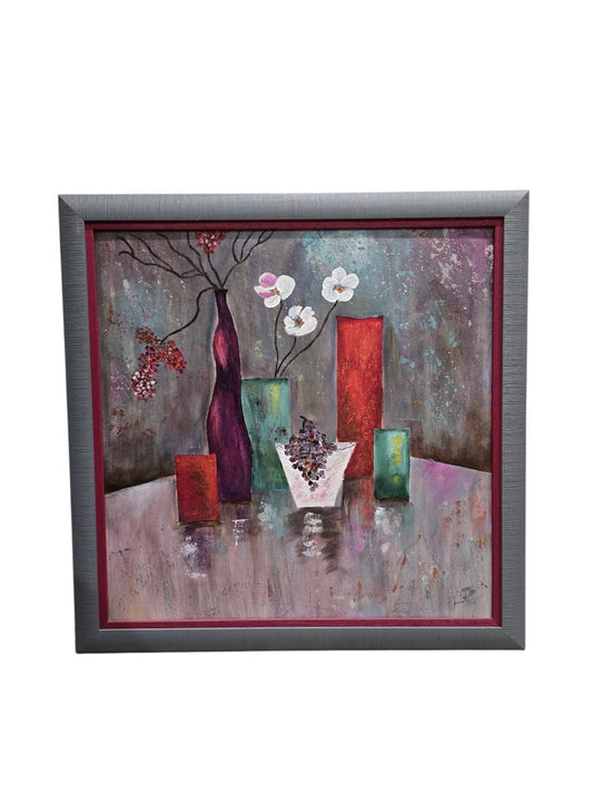 Tableau contemporain abstrait – Nature morte aux vases colorés – XXe siècle - 81x82
