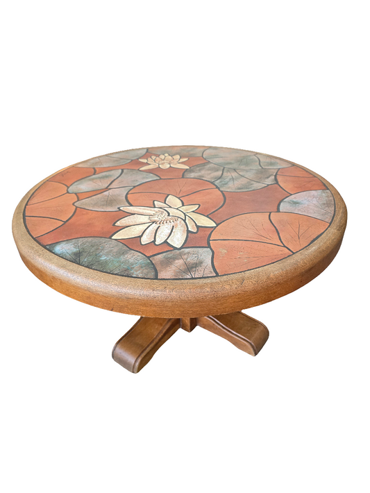 Table basse vintage- Signé Barrois en céramique émaillée et bois – Décor nénuphars
