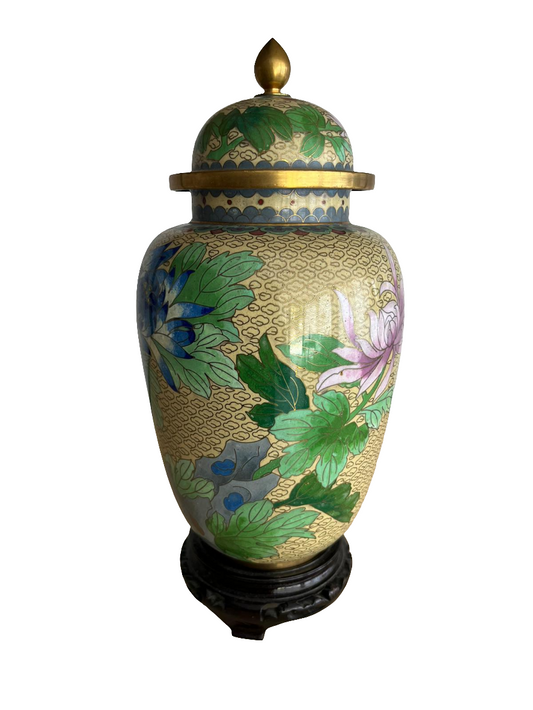 Vase chinois cloisonné à couvercle sur socle