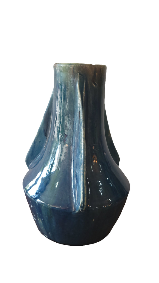 Vase vintage en céramique émaillée bleue