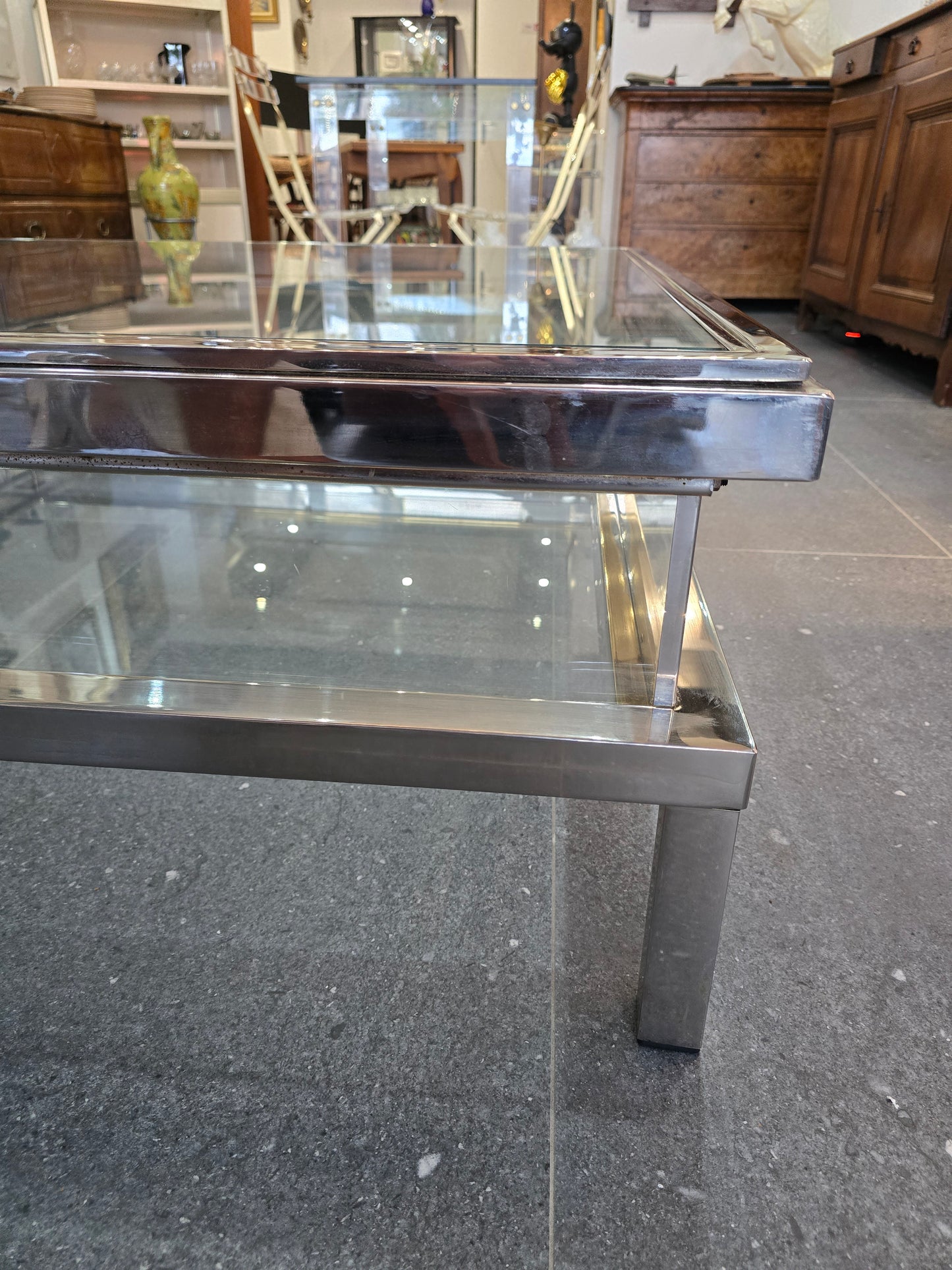 Table basse à plateau coulissant – Design 70 – Chrome & verre – 108 cm