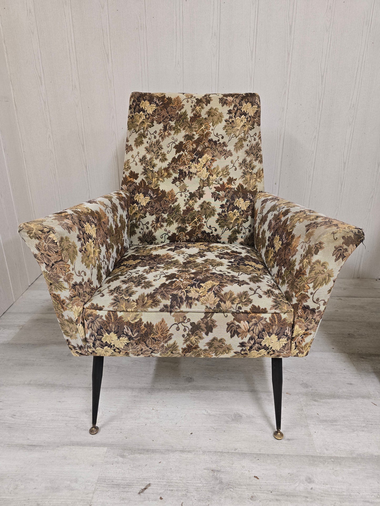 Paire de fauteuils Mid-Century Design – Piètement compas métal & tapisserie jacquard – Années 1960