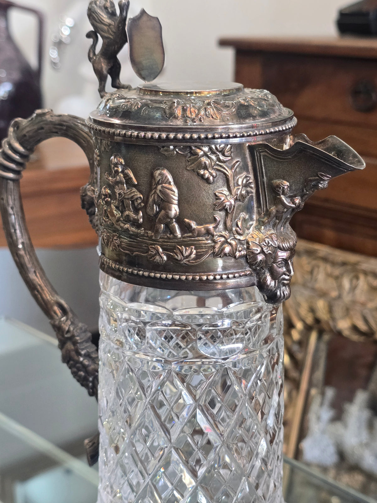 Importante carafe à vin en cristal taillé et argent massif 925/1000, maison Topázio