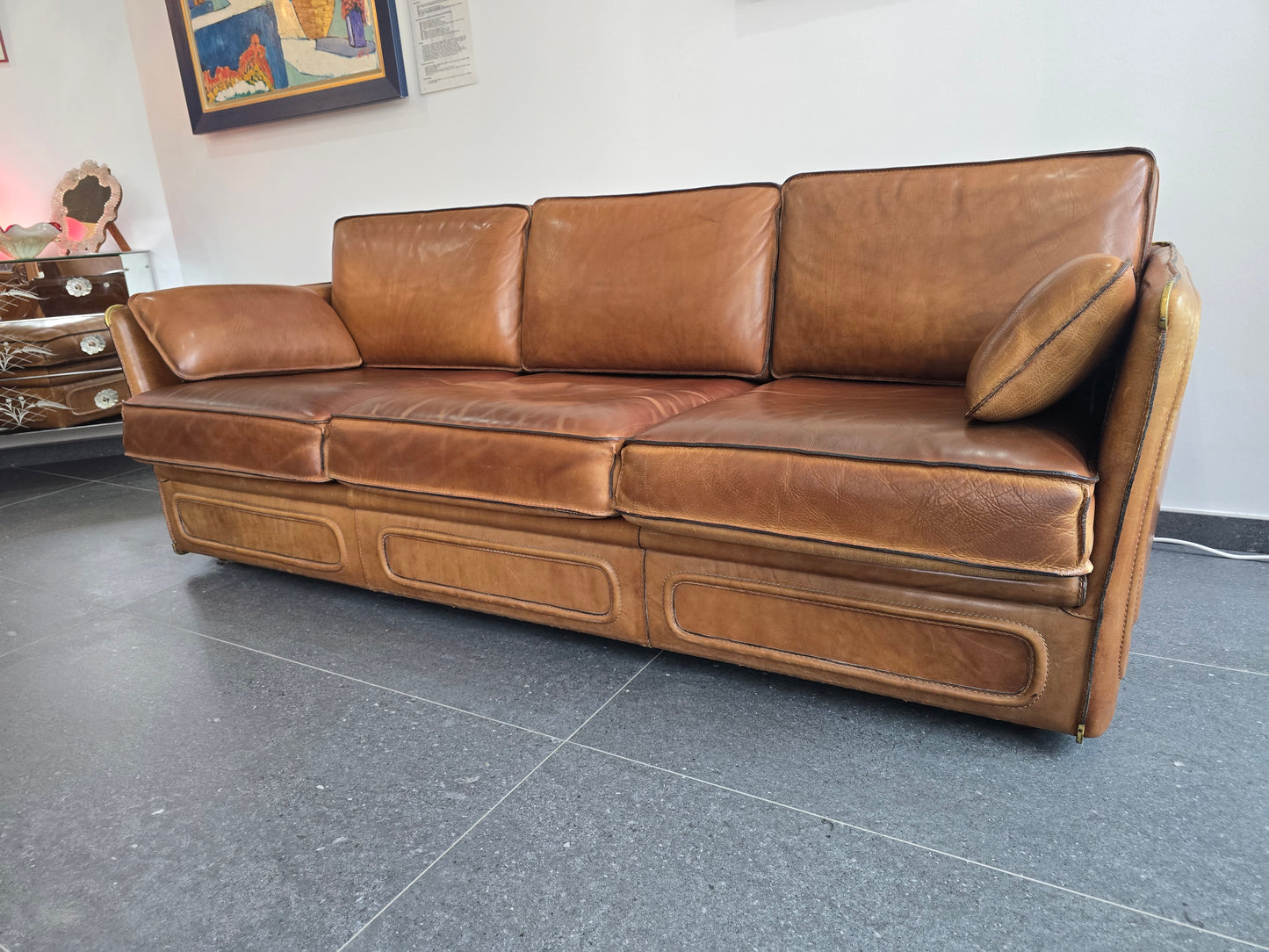 Salon Roche Bobois vintage années 80 – Cuir de buffle cognac – 2 canapés + pouf