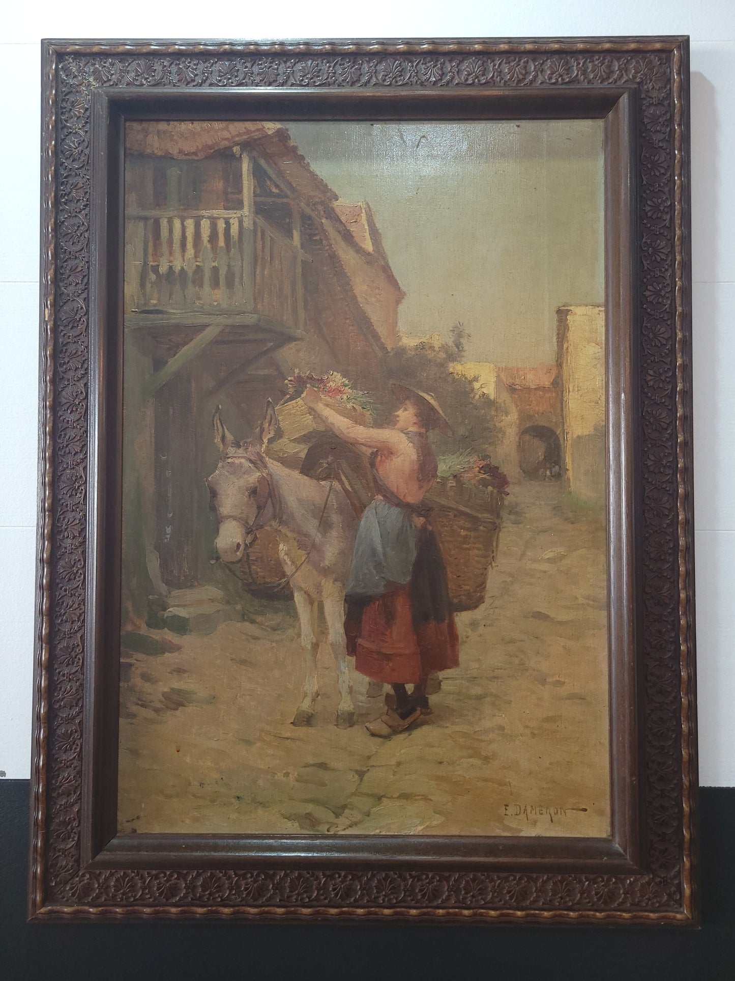 Scène de village - Huile sur toile signée E. DAMERON