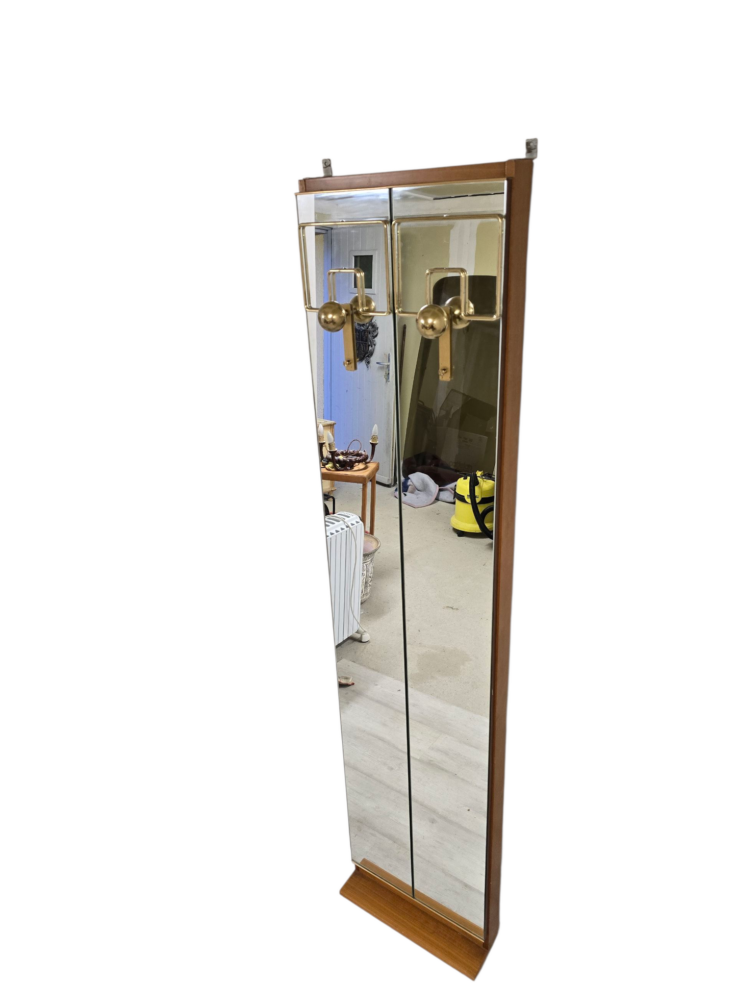 Porte-manteau mural miroir vintage – Laiton & bois – Années 1970