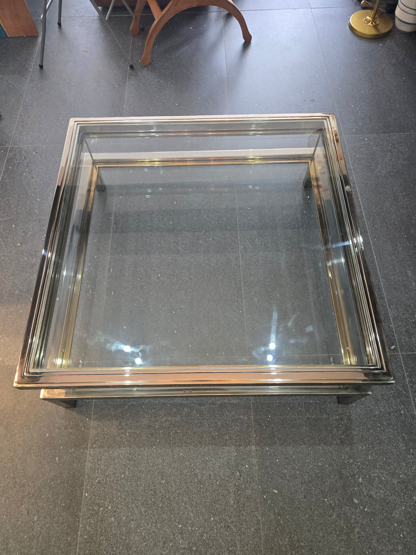 Table basse à plateau coulissant – Design 70 – Chrome & verre – 108 cm