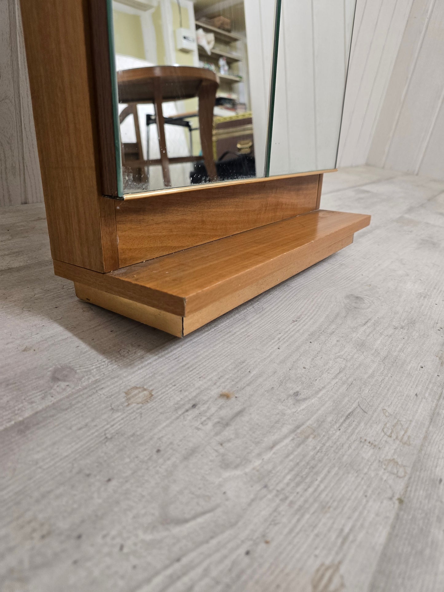 Porte-manteau mural miroir vintage – Laiton & bois – Années 1970