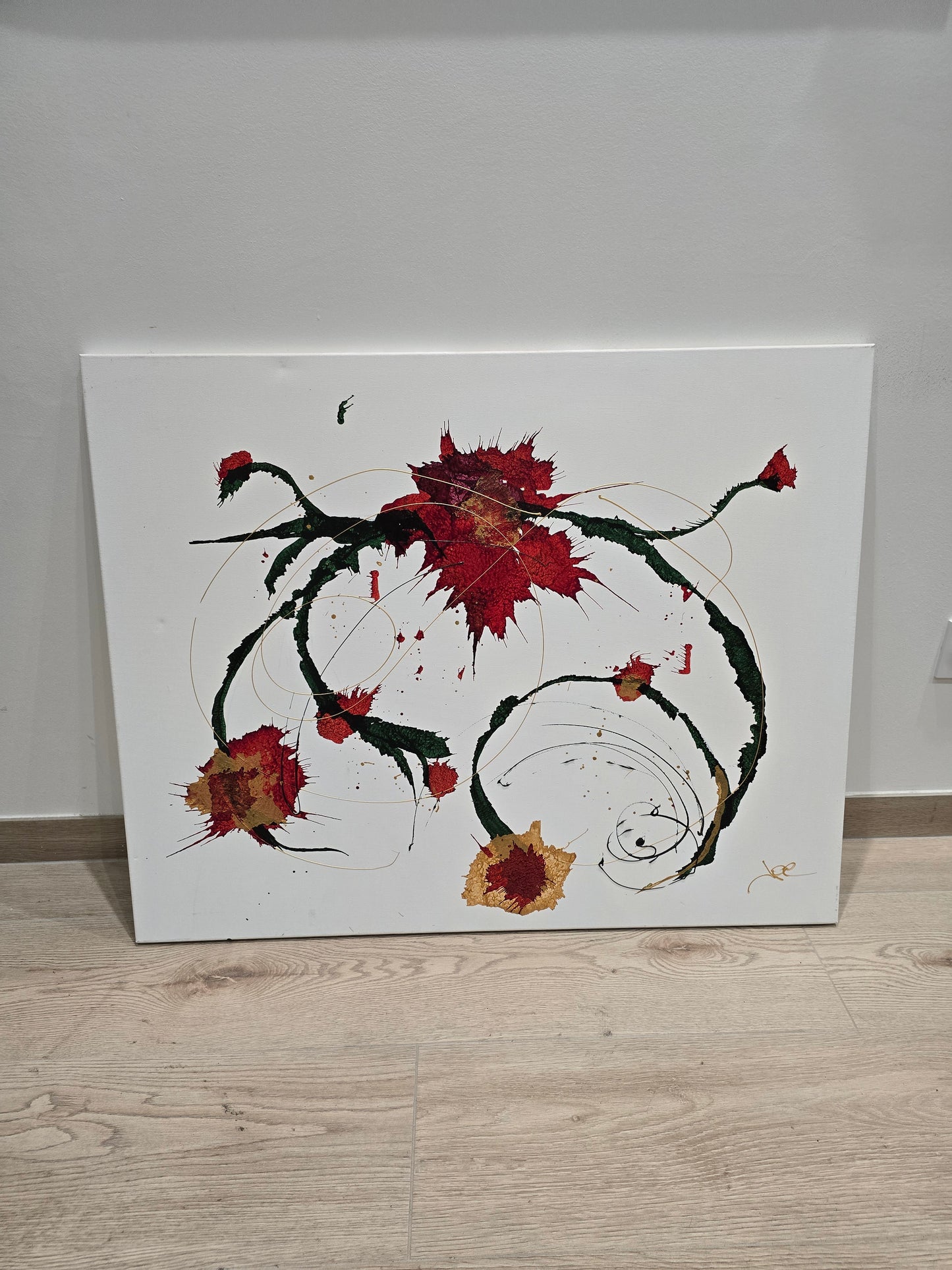 Tableau abstrait contemporain – Composition florale abstraite rouge, verte et or 92x73