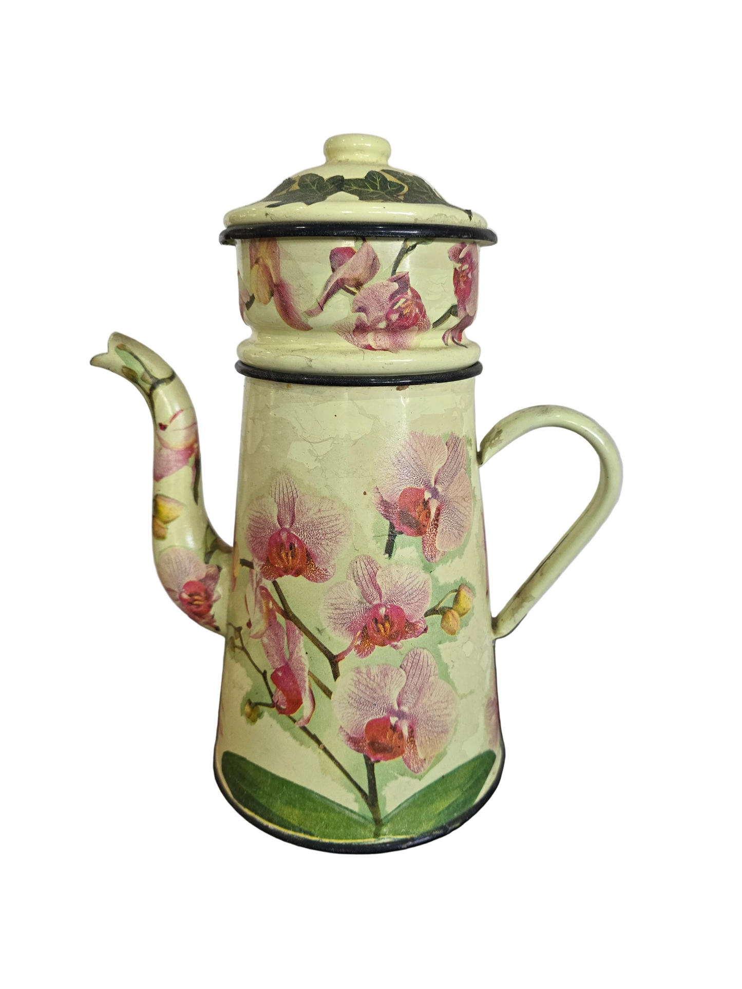 Cafetière vintage en métal émaillé – Décor floral orchidées – H.30 cm