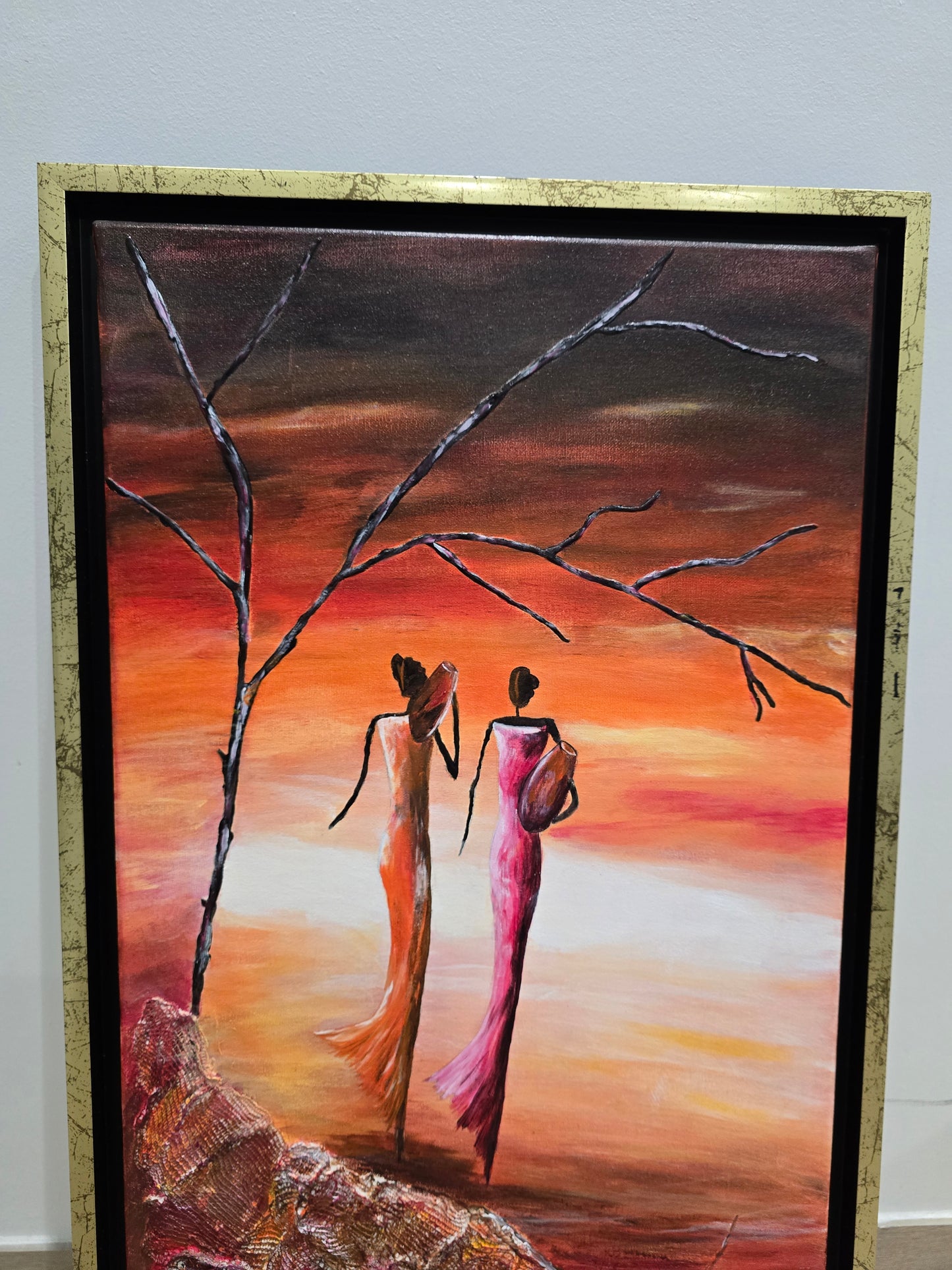 Tableau contemporain – Techniques mixtes & relief – Silhouettes féminines au coucher de soleil