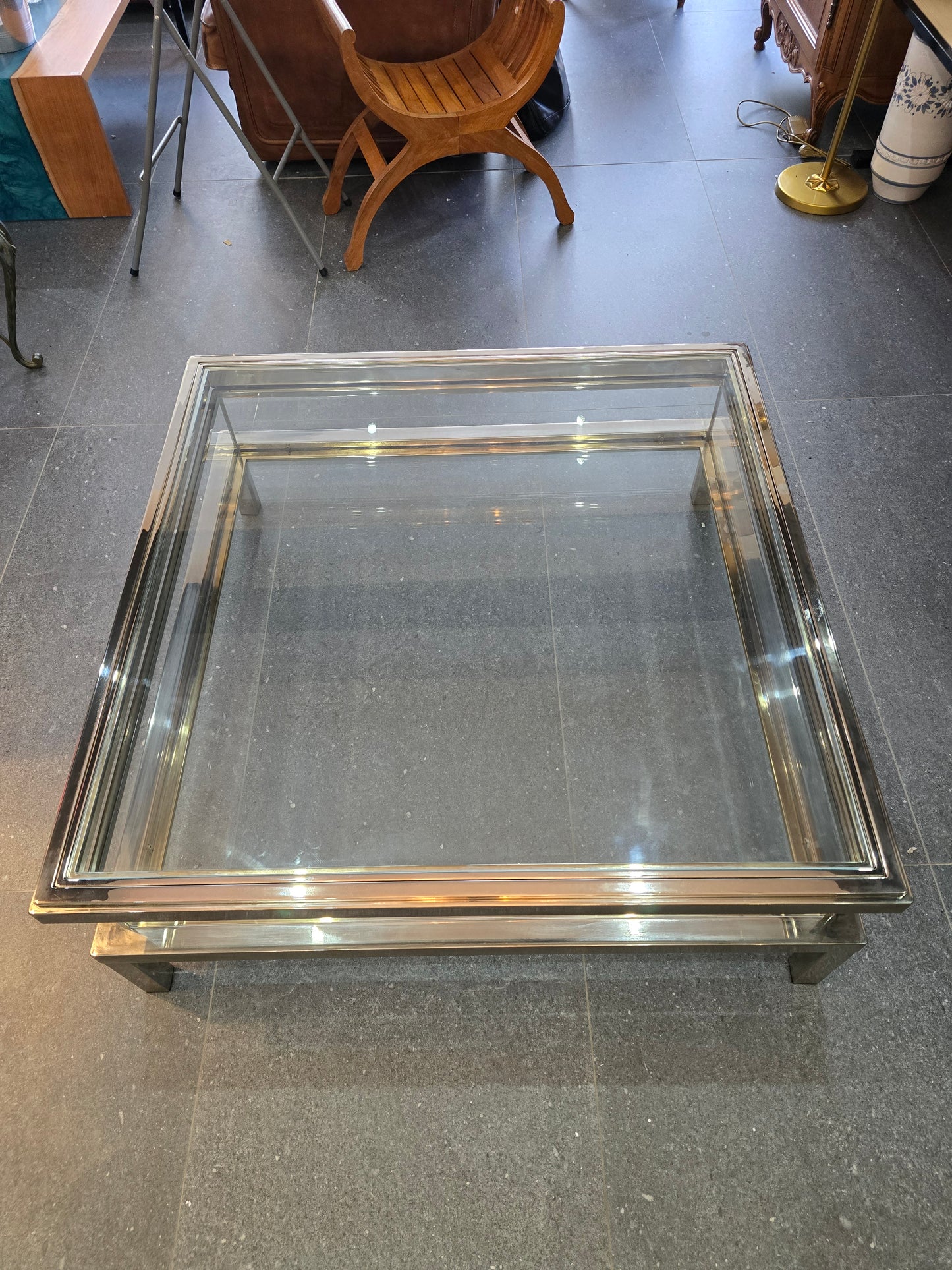 Table basse à plateau coulissant – Design 70 – Chrome & verre – 108 cm