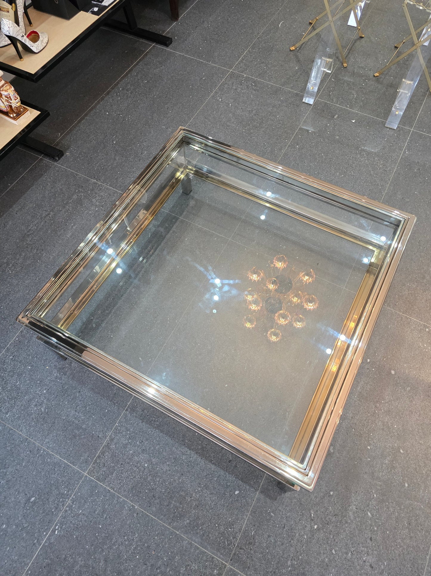 Table basse à plateau coulissant – Design 70 – Chrome & verre – 108 cm