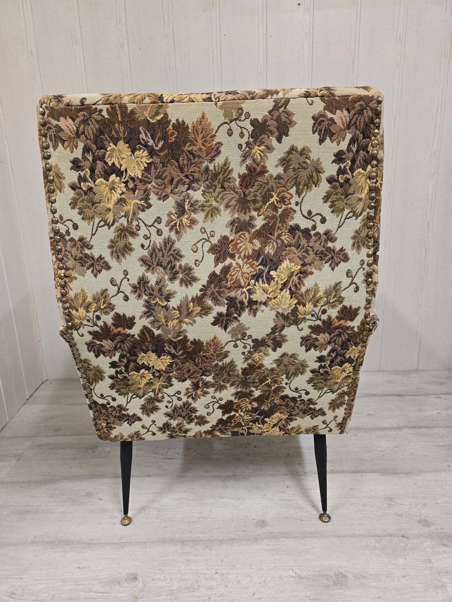 Paire de fauteuils Mid-Century Design – Piètement compas métal & tapisserie jacquard – Années 1960