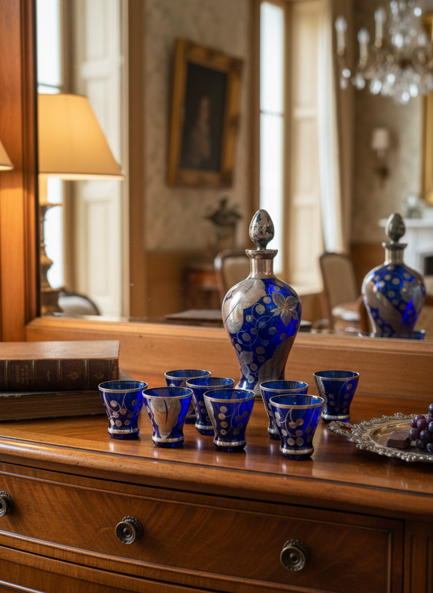 Service à liqueur ancien en verre bleu cobalt décoré d’argent – 1 carafe + 8 verres