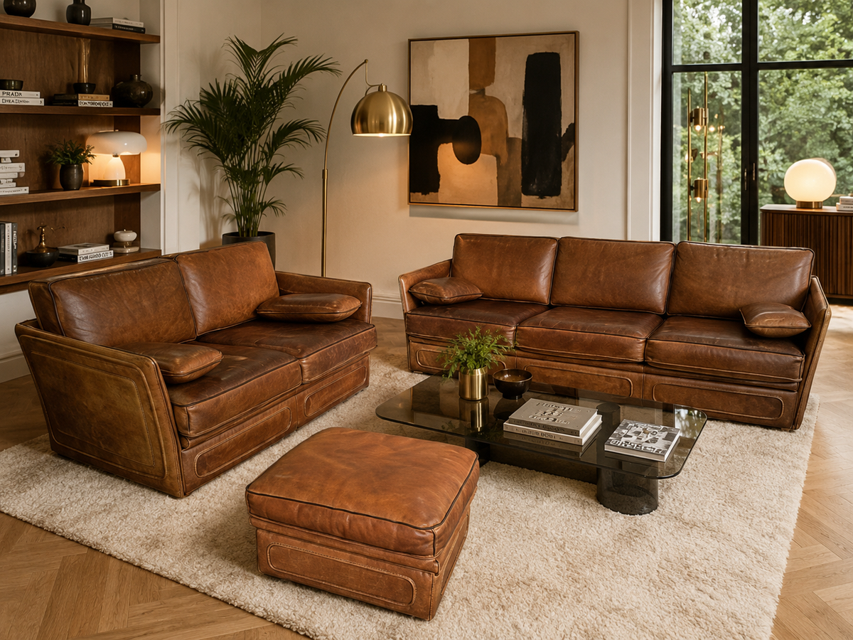 Salon Roche Bobois vintage années 80 – Cuir de buffle cognac – 2 canapés + pouf