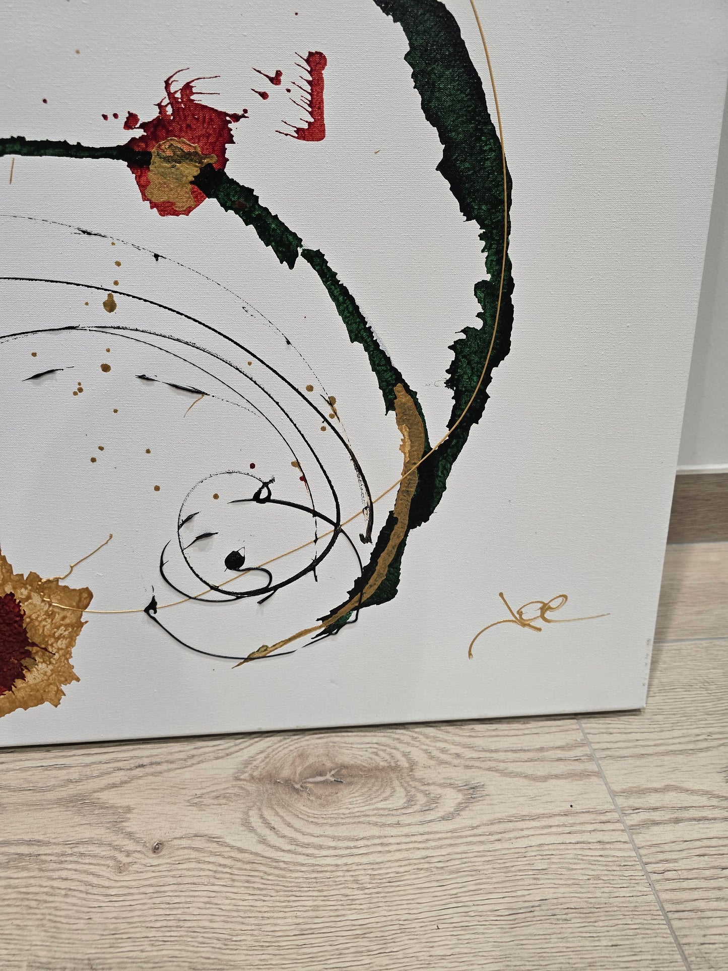 Tableau abstrait contemporain – Composition florale abstraite rouge, verte et or 92x73