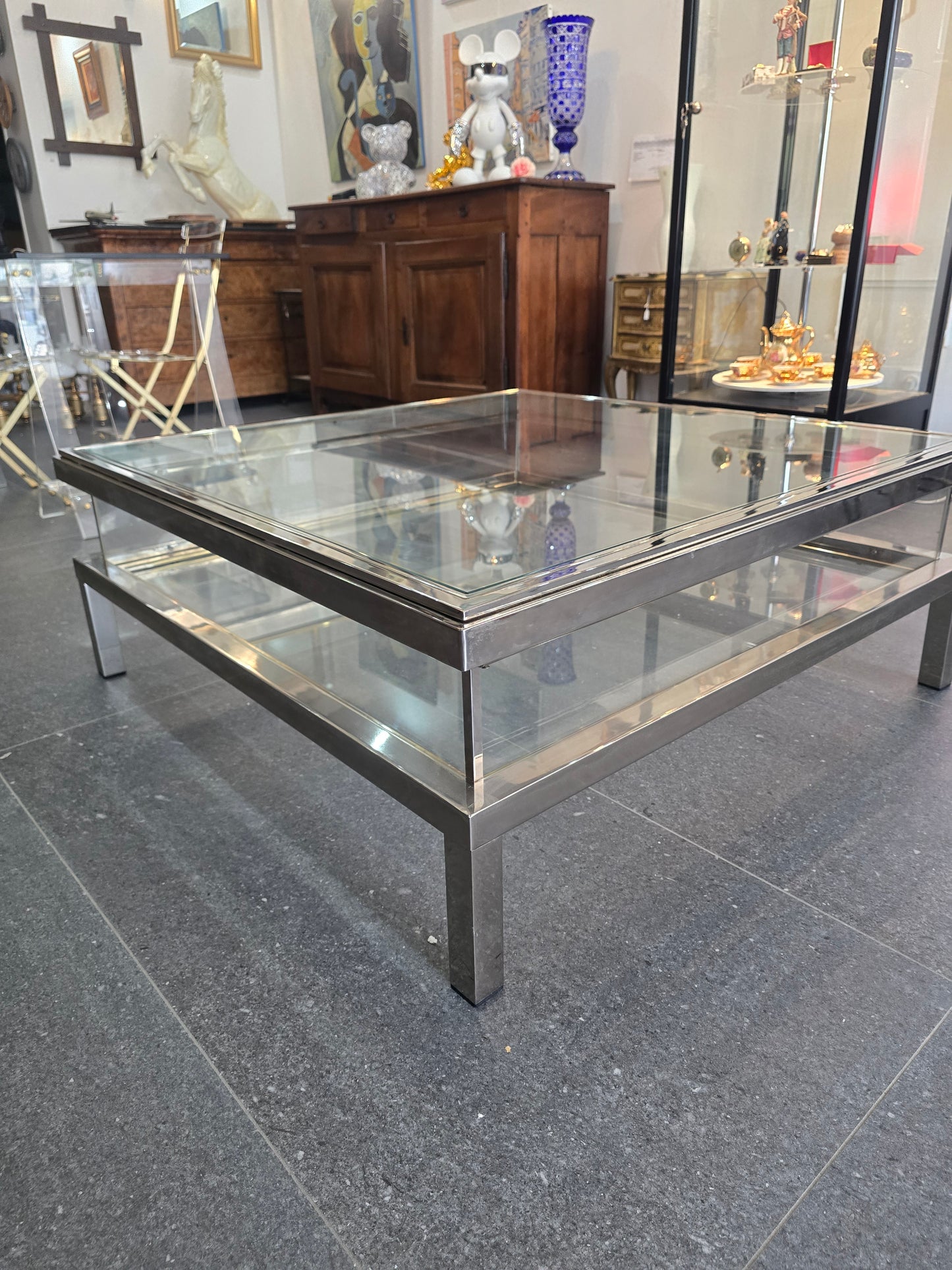 Table basse à plateau coulissant – Design 70 – Chrome & verre – 108 cm