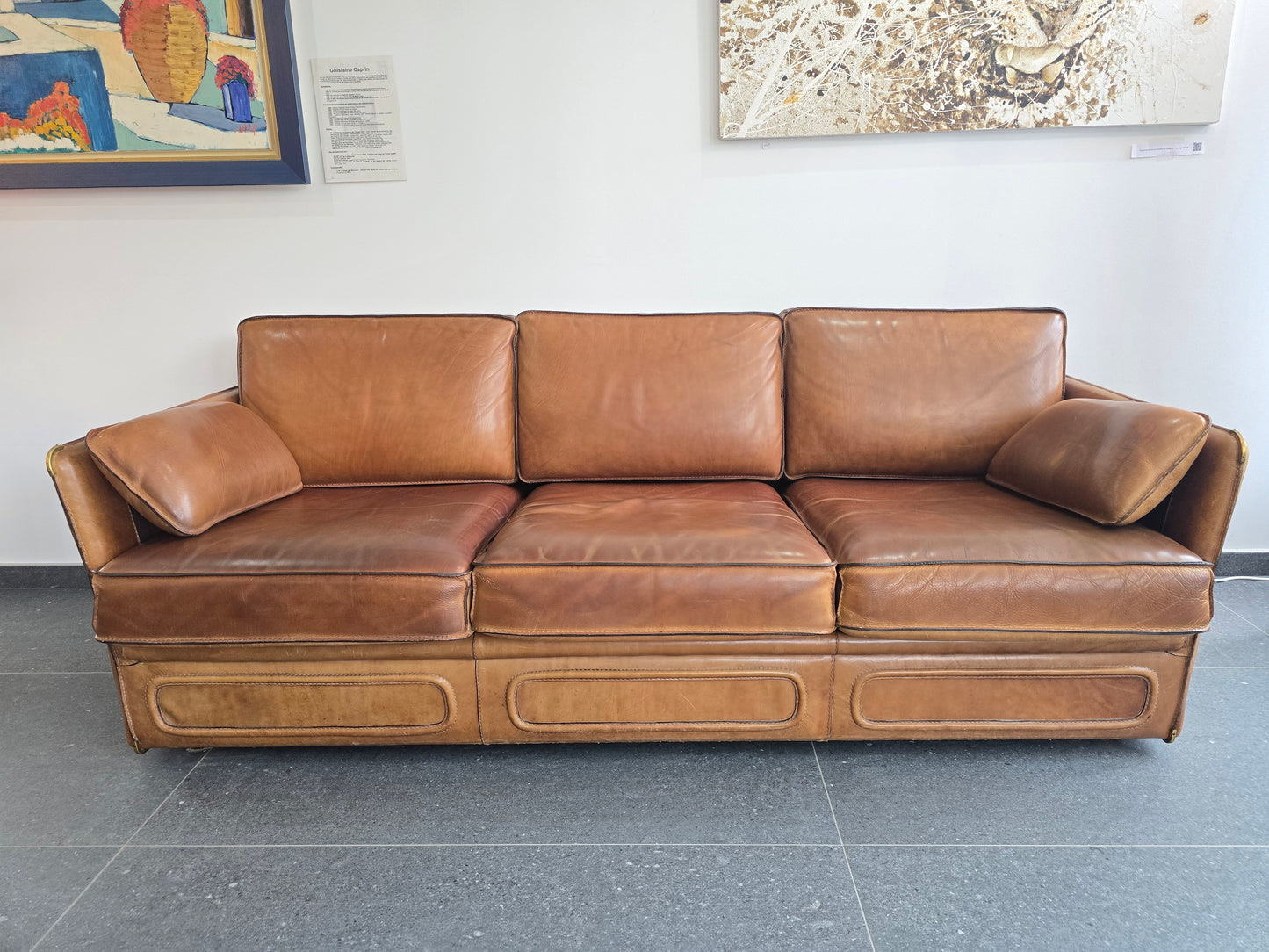 Salon Roche Bobois vintage années 80 – Cuir de buffle cognac – 2 canapés + pouf
