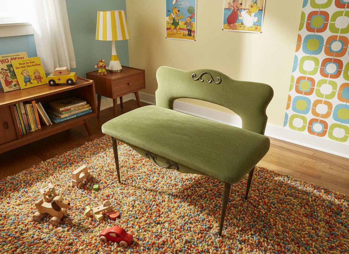 Banquette enfant vintage en velours vert – Pieds compas en métal – Années 1950/60