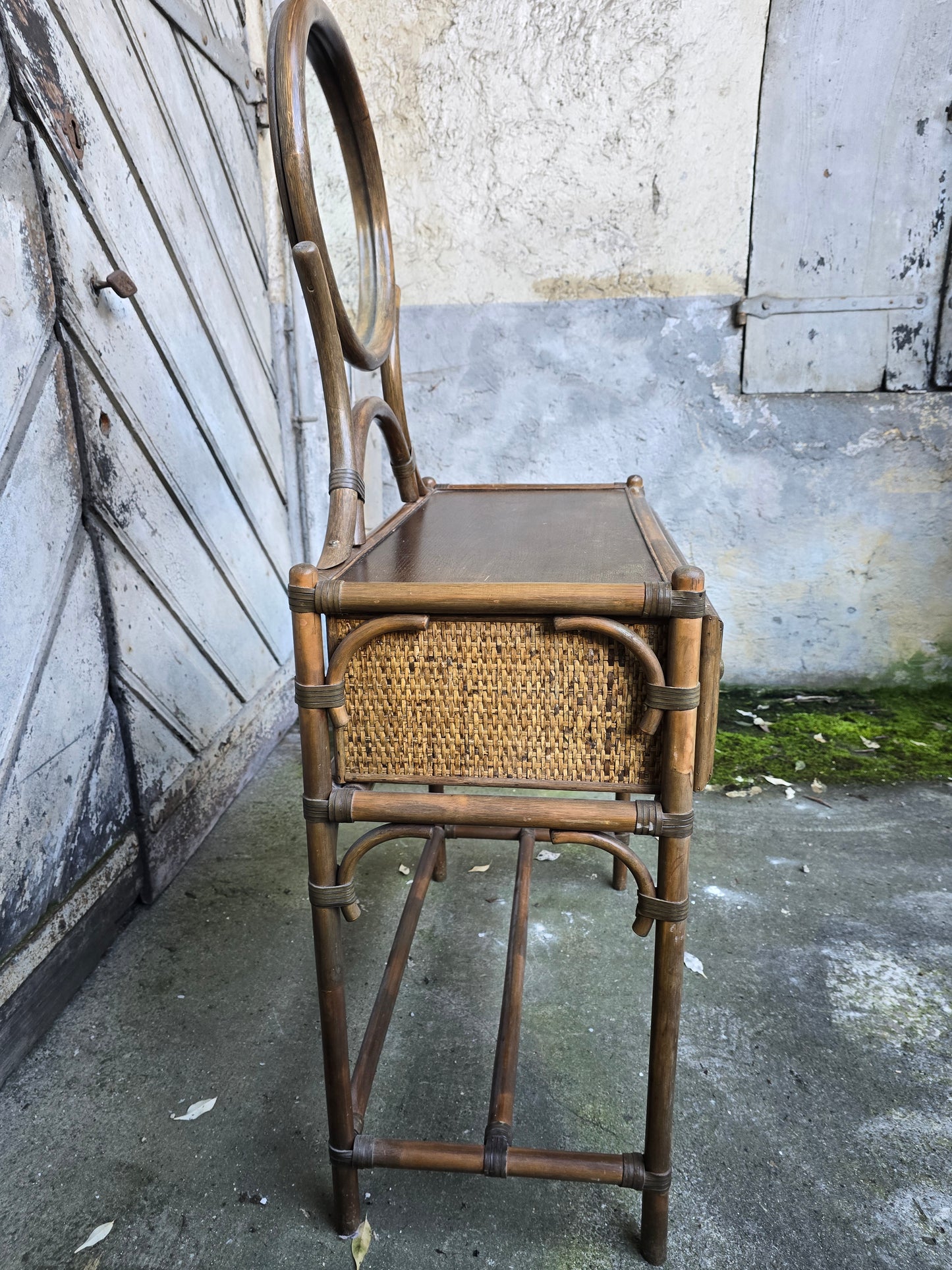 Coiffeuse en bambou et rotin avec miroir – style exotique années 1960 / 1970