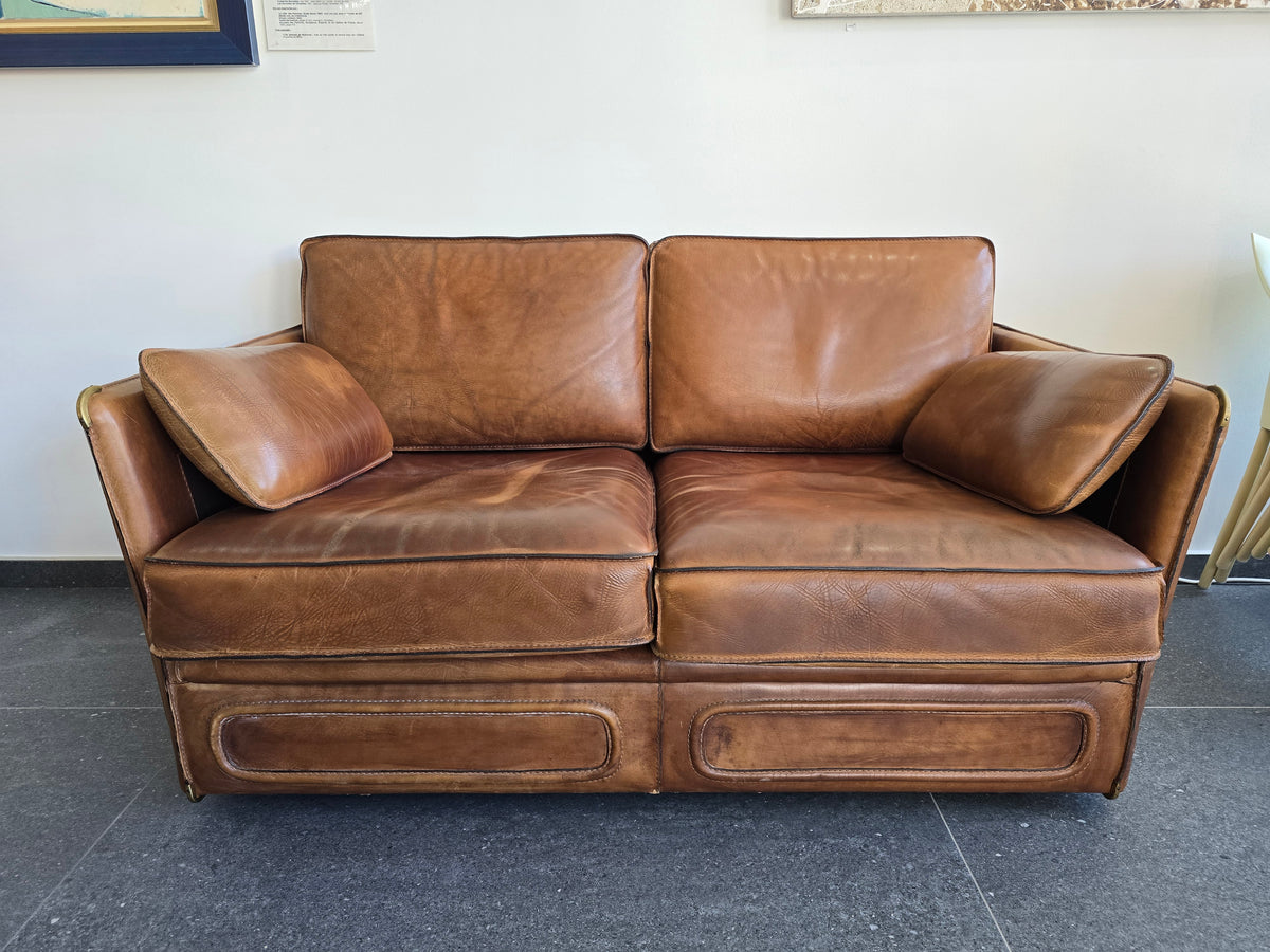 Salon Roche Bobois vintage années 80 – Cuir de buffle cognac – 2 canapés + pouf