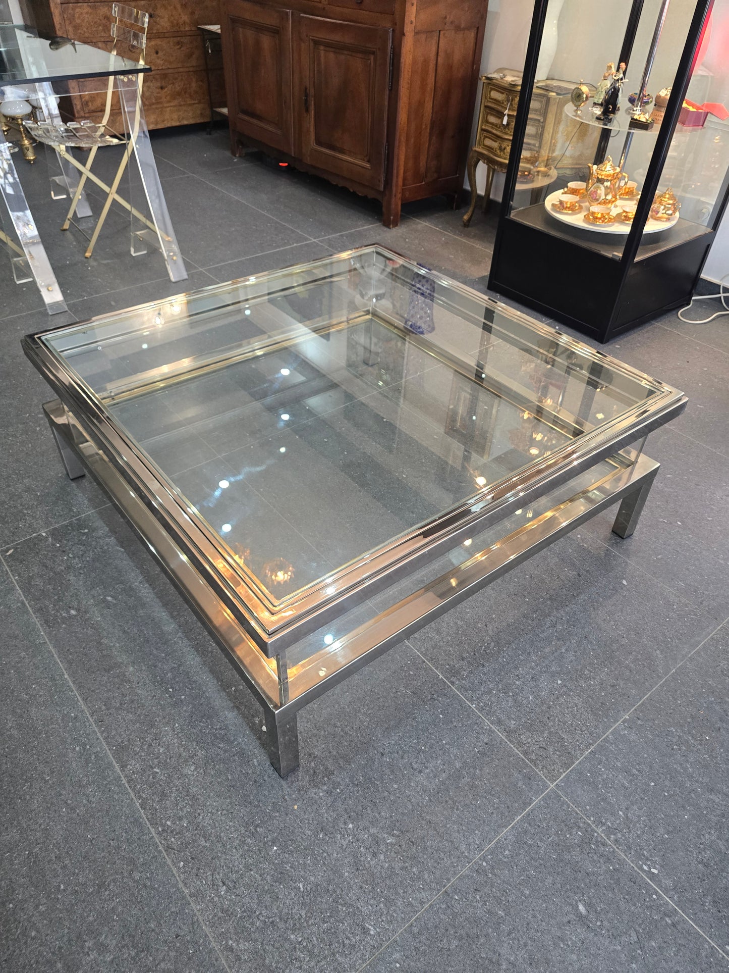 Table basse à plateau coulissant – Design 70 – Chrome & verre – 108 cm