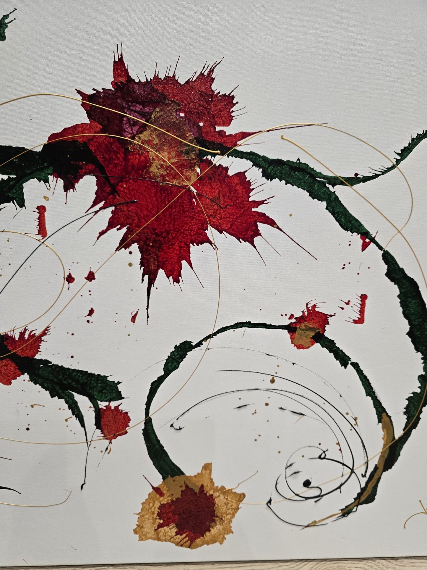 Tableau abstrait contemporain – Composition florale abstraite rouge, verte et or 92x73