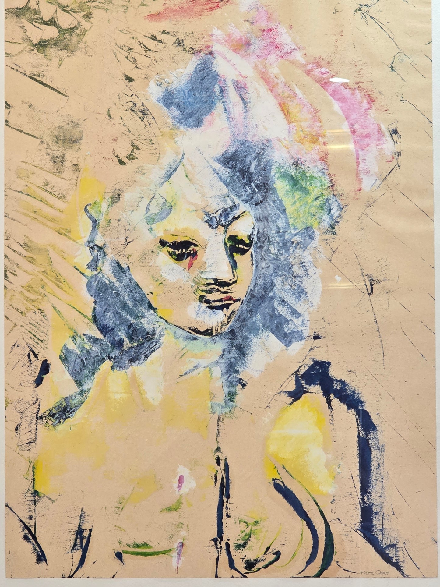 Peinture sur papier – Portrait féminin abstrait – Signée Oger