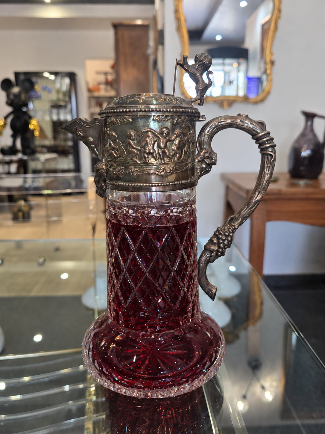 Importante carafe à vin en cristal taillé et argent massif 925/1000, maison Topázio