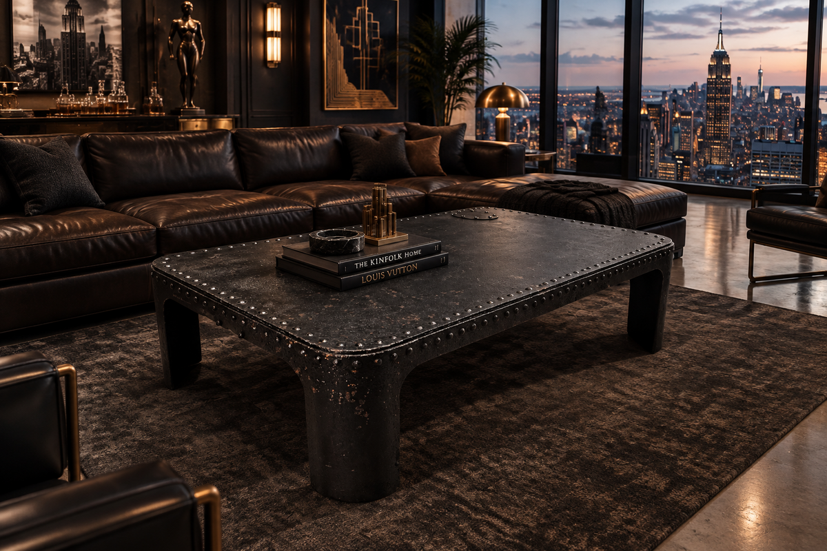 Table basse industrielle en métal riveté vers 1920 – patine noire – 145 × 80 cm