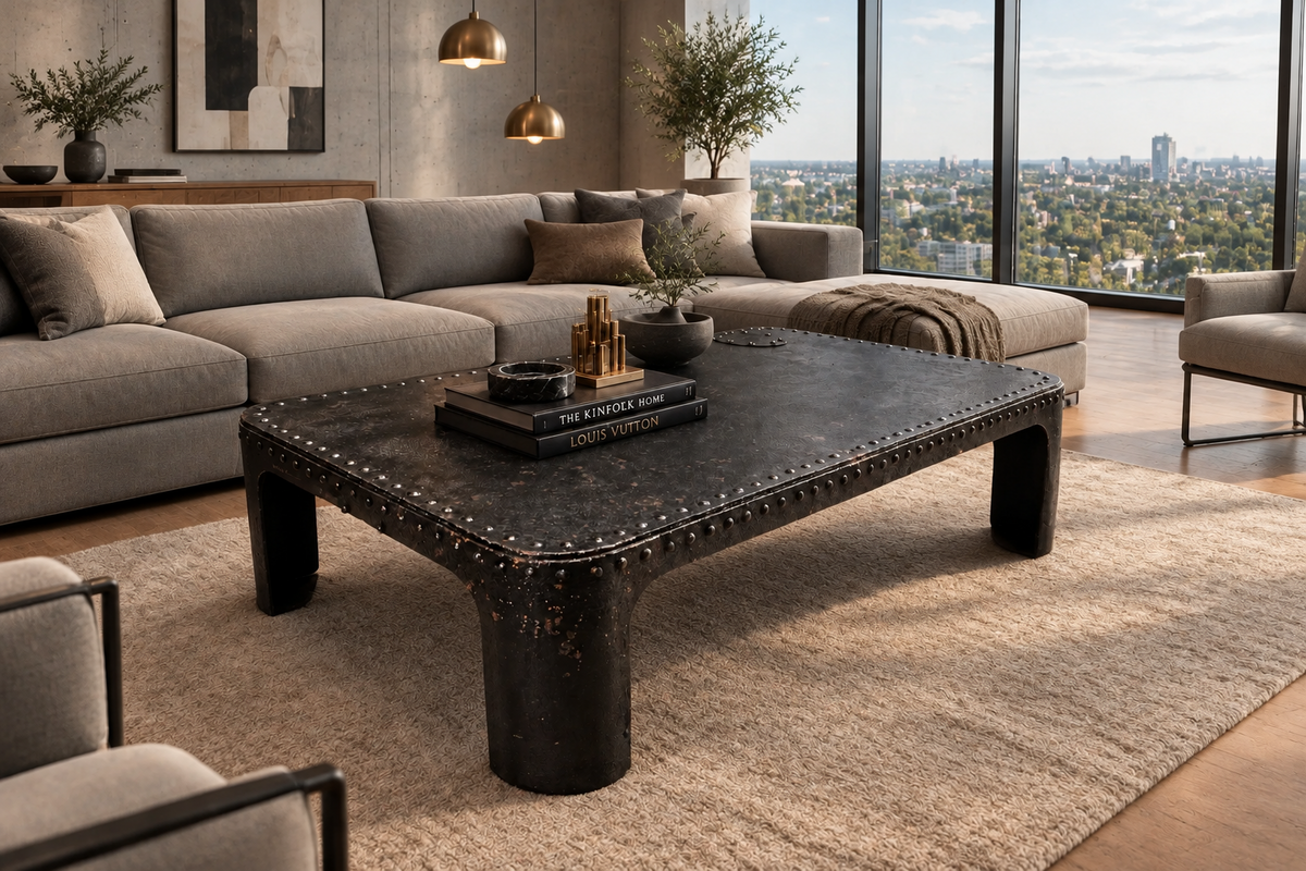 Table basse industrielle en métal riveté vers 1920 – patine noire – 145 × 80 cm