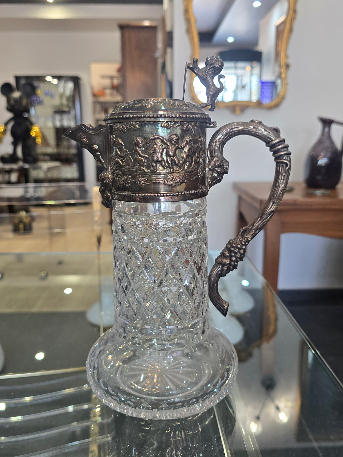 Importante carafe à vin en cristal taillé et argent massif 925/1000, maison Topázio