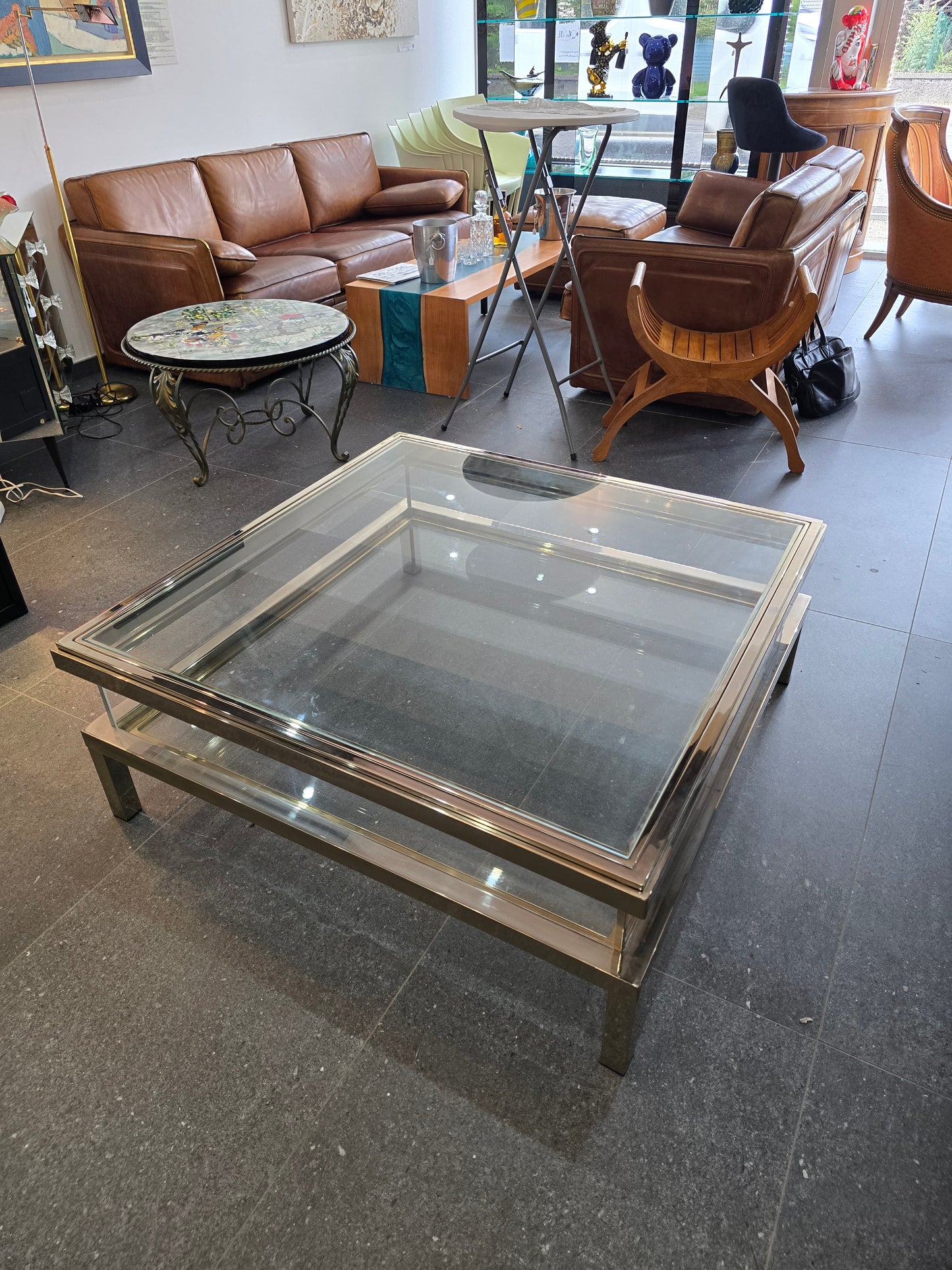 Table basse à plateau coulissant – Design 70 – Chrome & verre – 108 cm