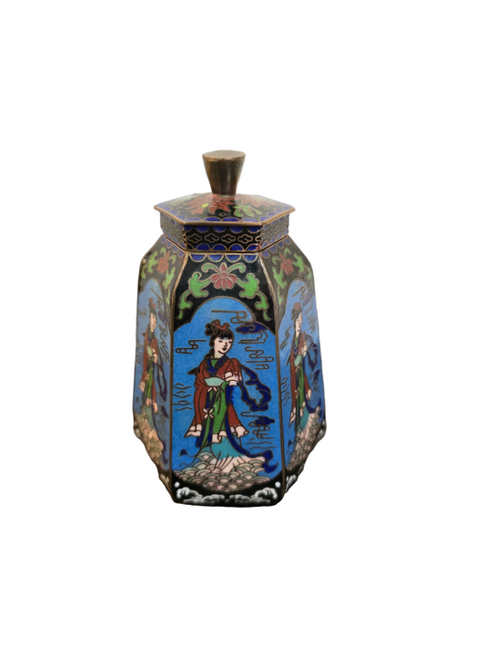 Petite boîte couverte hexagonale en cloisonné chinois sur socle en bois