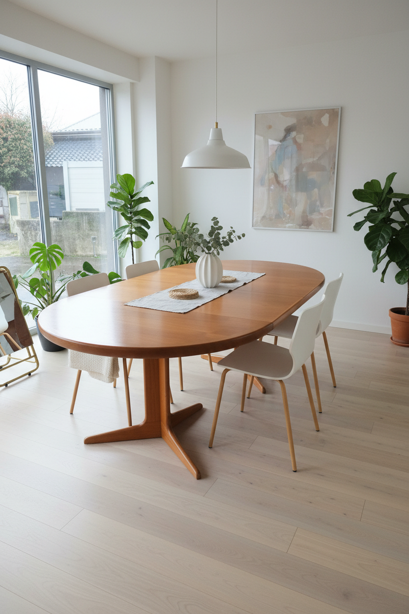 Table ronde extensible en teck – Design scandinave vintage – Ø120 cm + 2 rallonges