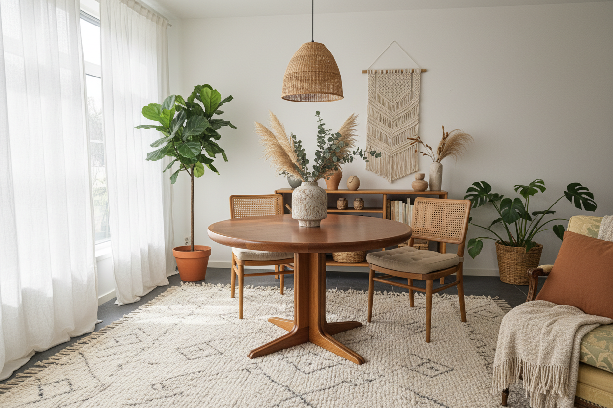 Table ronde extensible en teck – Design scandinave vintage – Ø120 cm + 2 rallonges