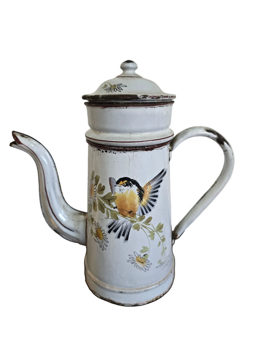 Théière ancienne en métal émaillé – Décor oiseau & fleurs – H.30 cm