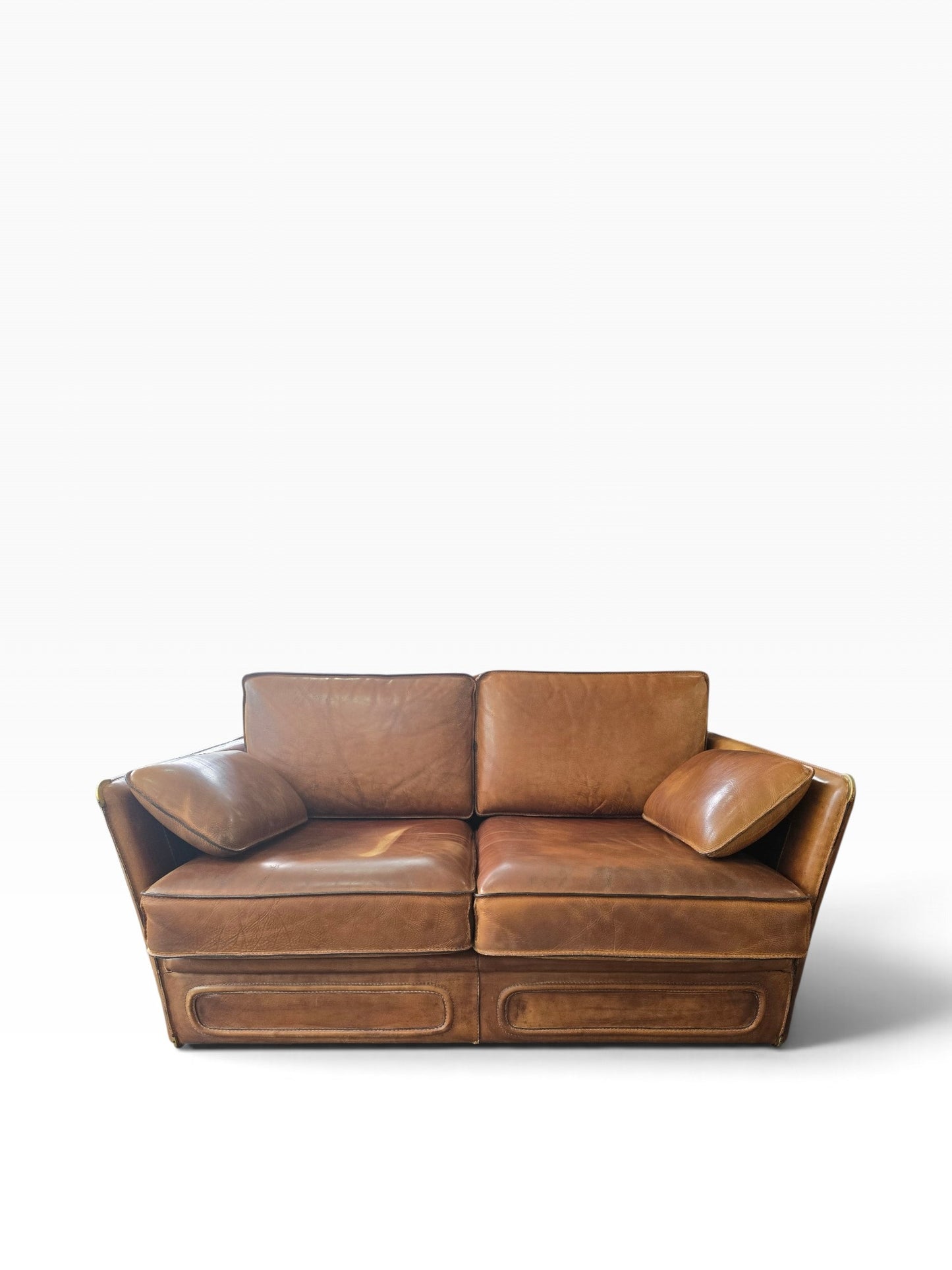 Salon Roche Bobois vintage années 80 – Cuir de buffle cognac – 2 canapés + pouf