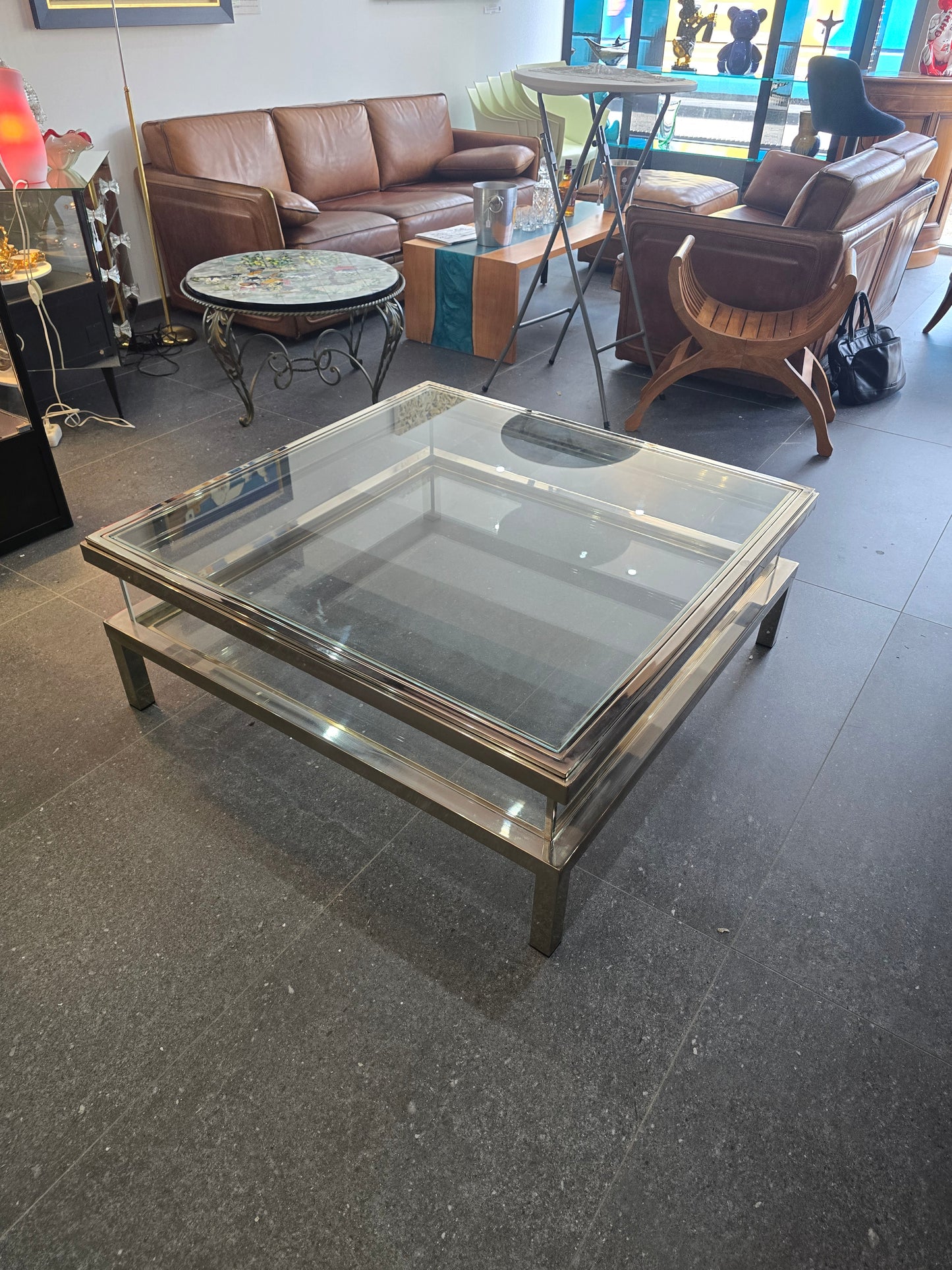 Table basse à plateau coulissant – Design 70 – Chrome & verre – 108 cm