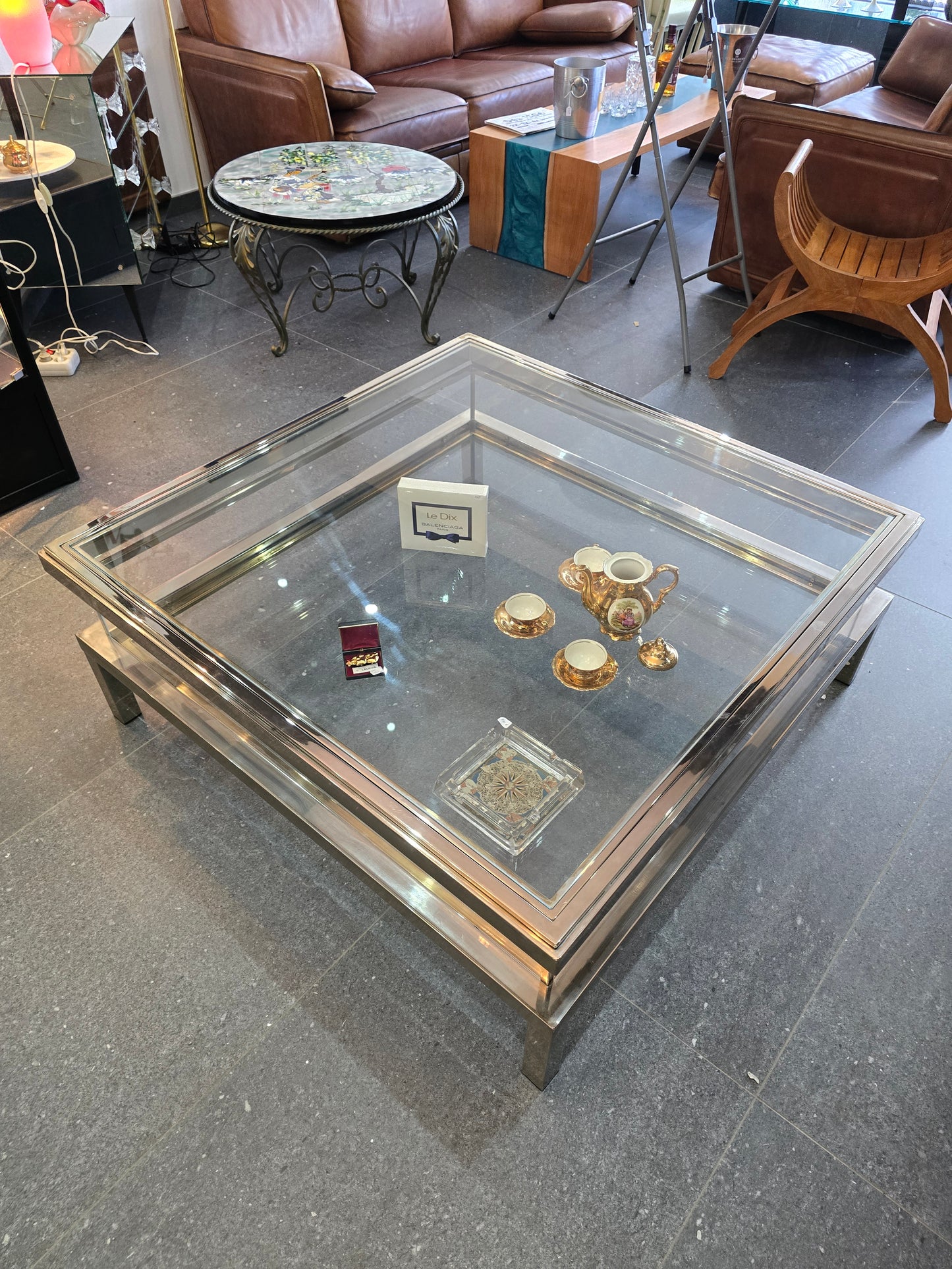 Table basse à plateau coulissant – Design 70 – Chrome & verre – 108 cm