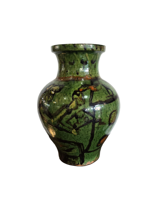 Vase en céramique vernissée – Décor vert et noir – Travail d’atelier
