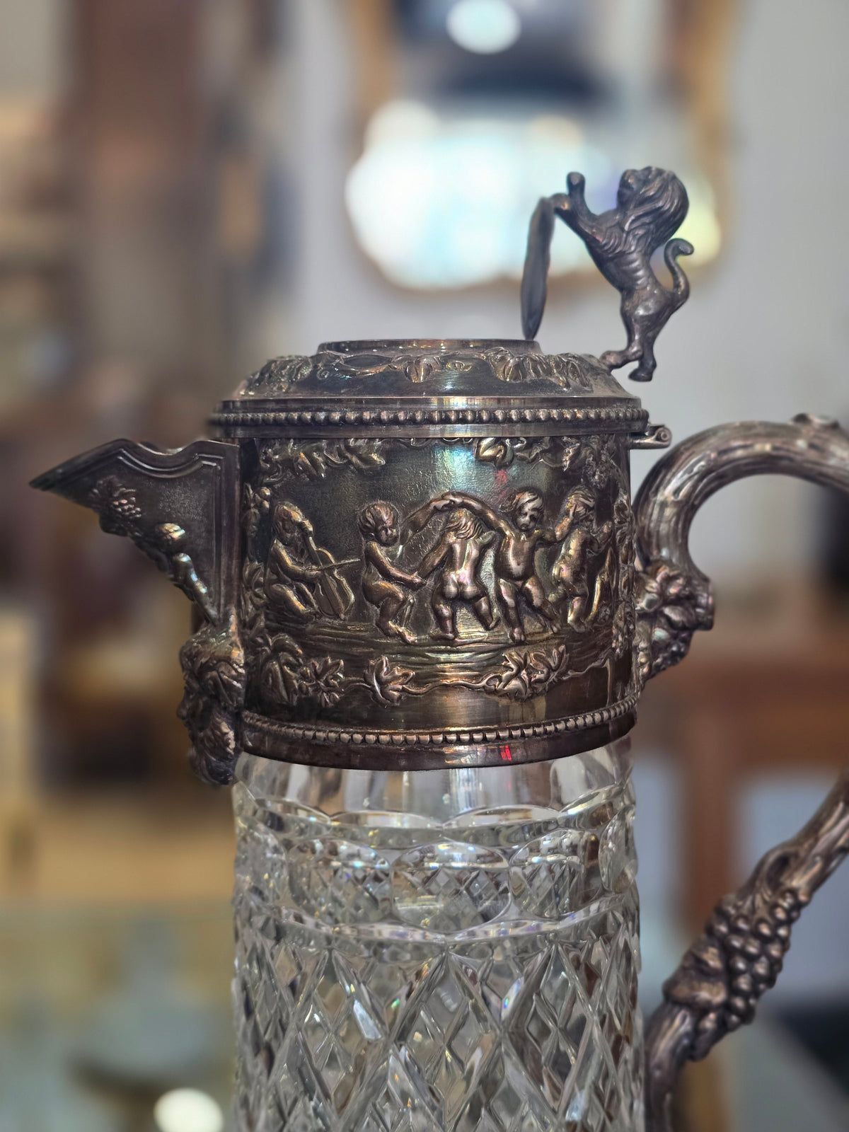 Importante carafe à vin en cristal taillé et argent massif 925/1000, maison Topázio