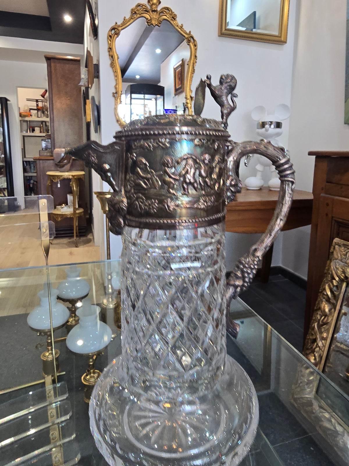 Importante carafe à vin en cristal taillé et argent massif 925/1000, maison Topázio