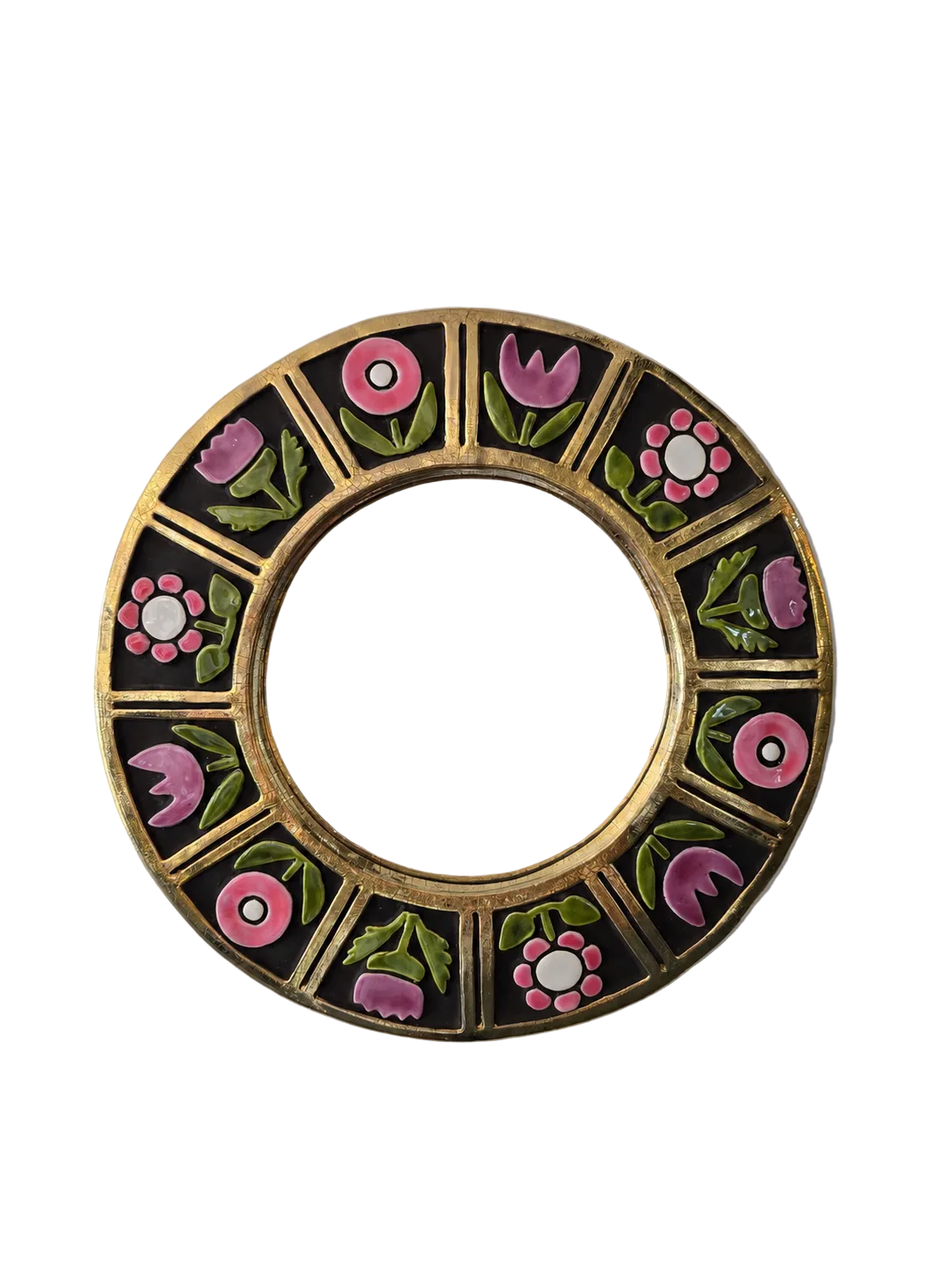 Mithé Espelt - miroir en céramique émaillée. Décor floral, années 1960
