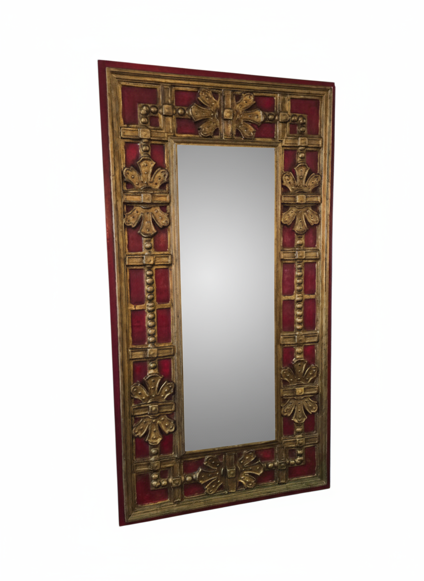miroir mural Palladio, Italie, 1970 – Décor rouge et dorure patinée