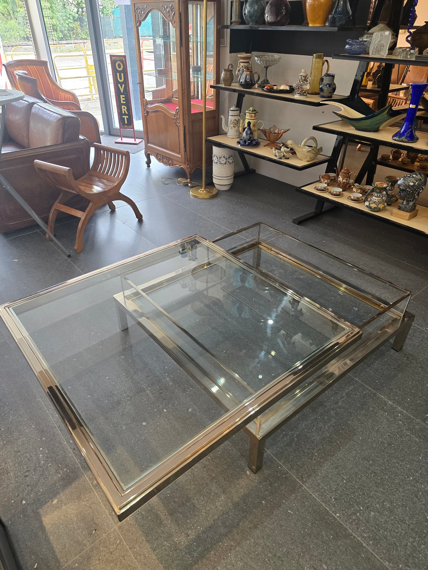 Table basse à plateau coulissant – Design 70 – Chrome & verre – 108 cm